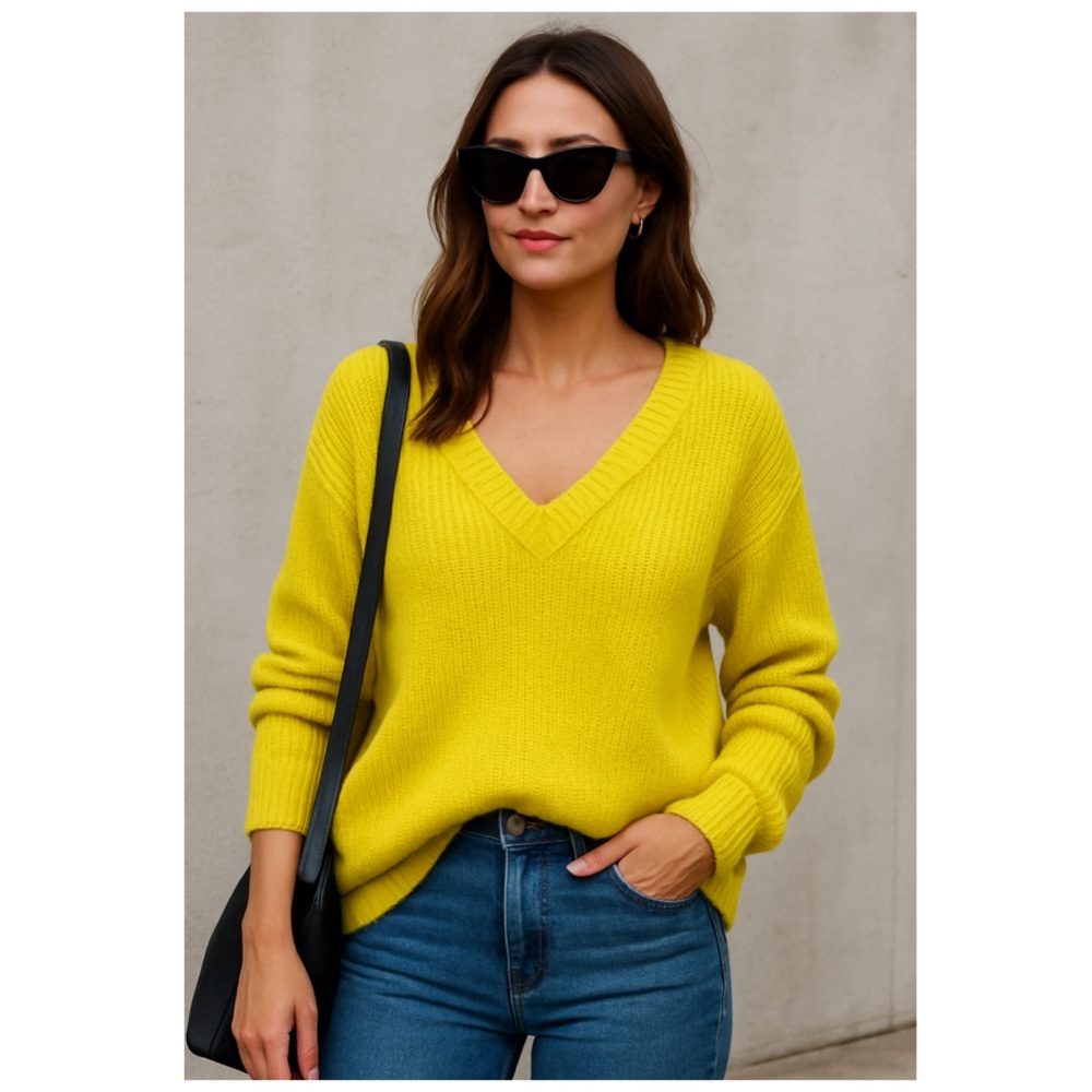 THEORY Neon Yellow V Neck Pullover Slouchy Knit Sweater Large NWT